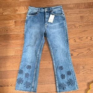 Desigual Medium Blue Denim Wide-Leg Jeans with Floral Appliqué No Stretch